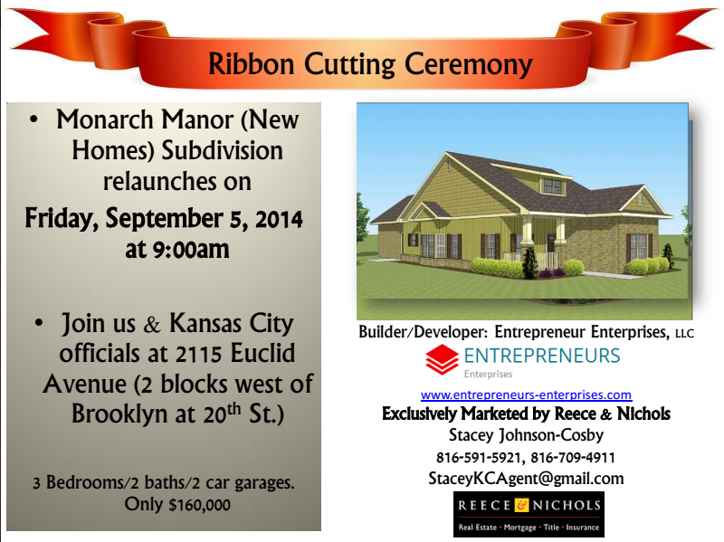Press flyer announcing the Monarch Manor new-subdivision relaunch and ribbon cutting