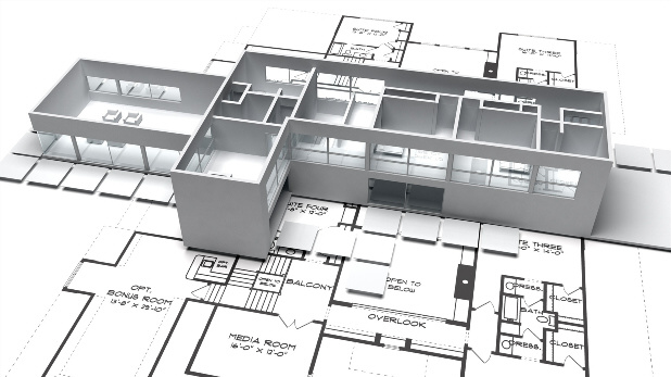 Architectural floor plan with a 3D model overlay